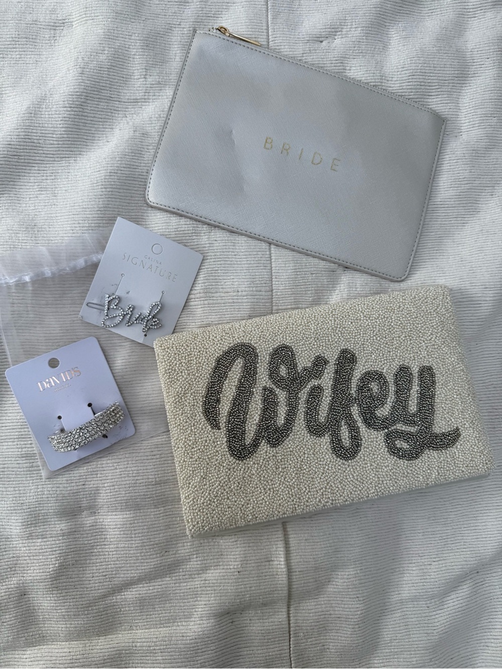 David's Bridal Ivory Beaded 'Wifey' Clutch with Gold 'Bride' Pouch